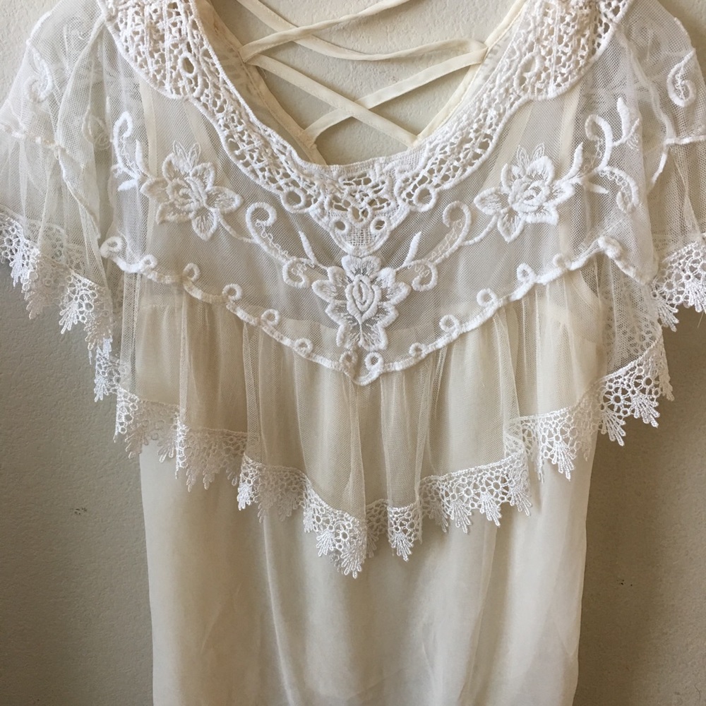 Pinky: Beautiful Sheer Lace Trim Top